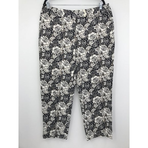 Liz Claiborne Audra Floral Print Crop Sateen Pant Black White Tan 16 - Picture 1 of 5